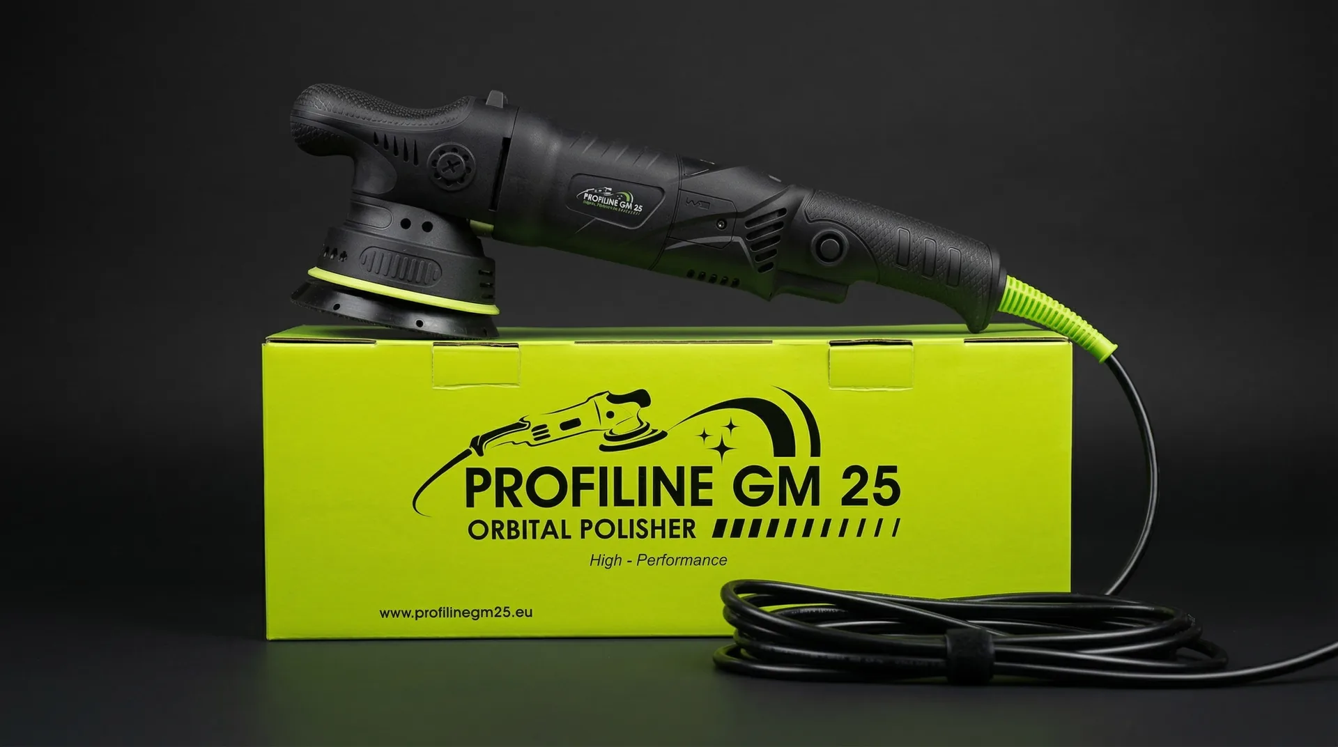 Profiline GM25 with branded lime green box — front view